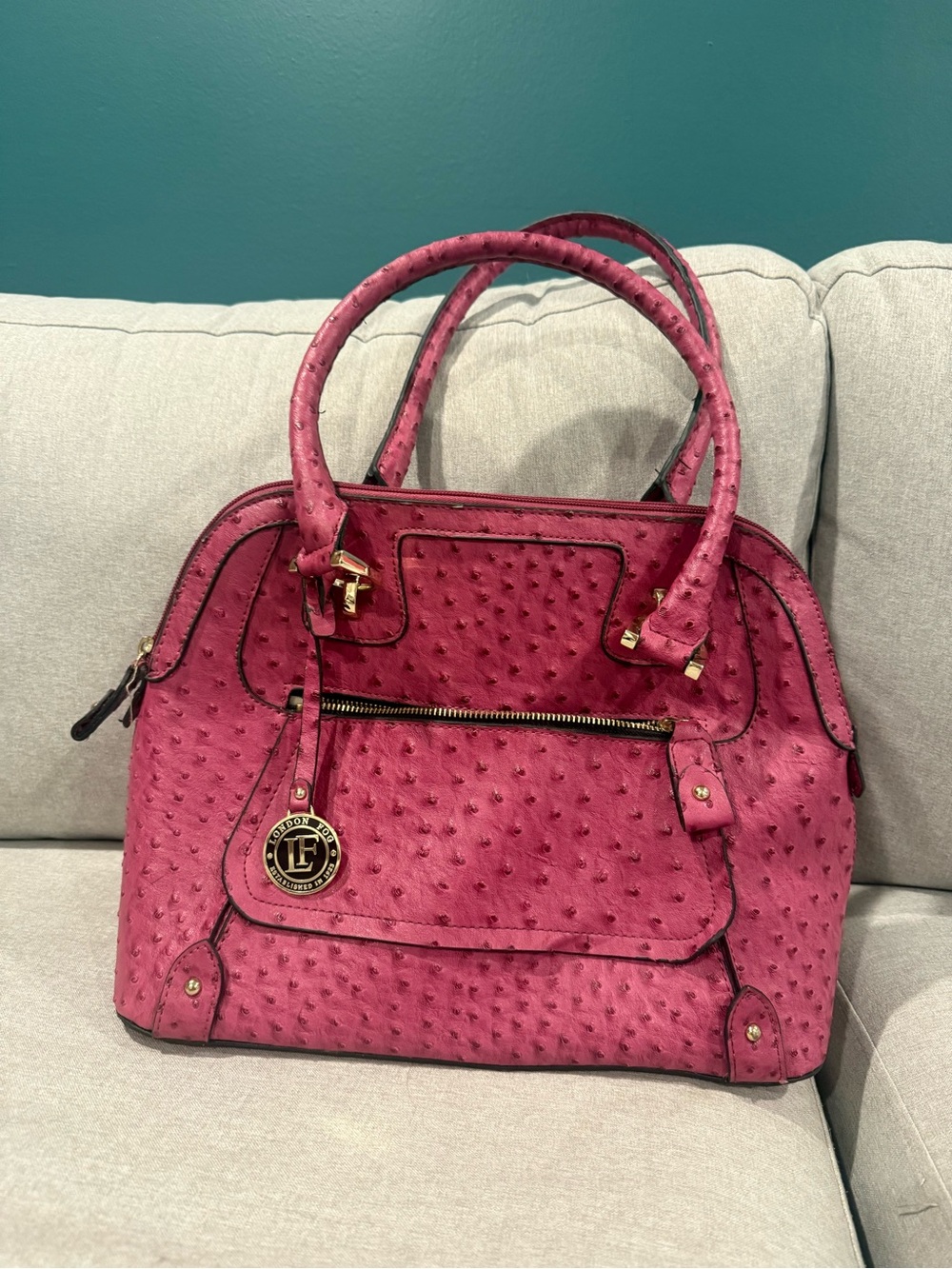 London Fog Pink Ostrich Satchel Handbag